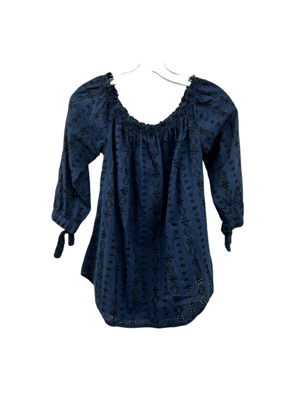 Westport Womens Embroidered Eyelet Top 3/4 Sleeve Navy/Black Size Small